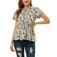 thumbnail image 1 of MODA NOVA Junior's Floral Short Sleeves High Waist Tie Neck Peplum Blouse Blue L, 1 of 6