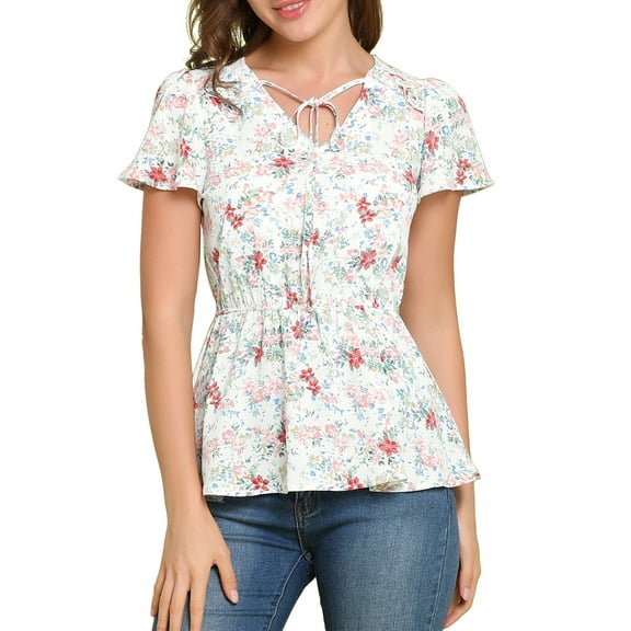 MODA NOVA Junior's Floral Short Sleeves High Waist Tie Neck Peplum Blouse White S