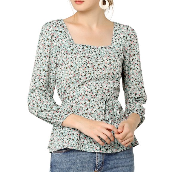 MODA NOVA Junior's Floral Square Neck Long Sleeve Casual Pullover Blouse Mint Green S