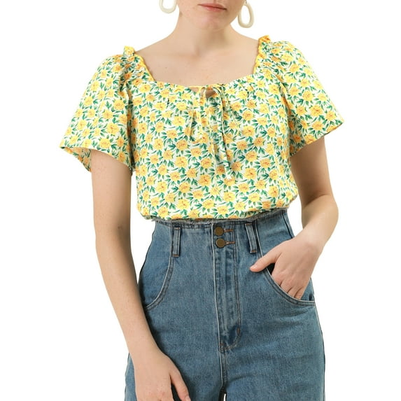 MODA NOVA Junior's Floral Sweetheart Neck Ruffle Short Sleeves Blouse Yellow L