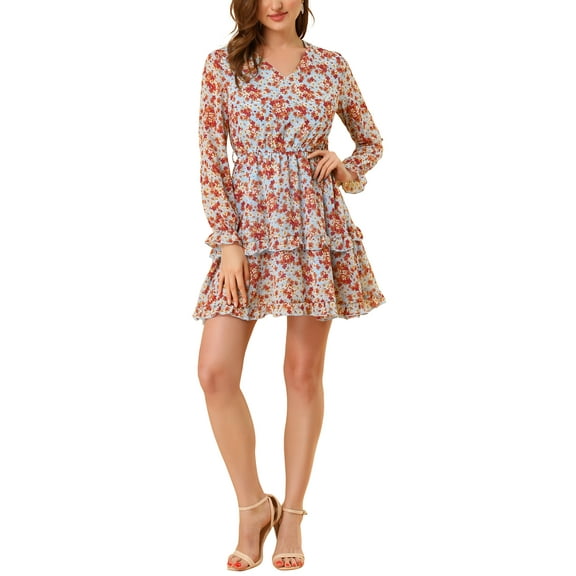 MODA NOVA Junior's Floral V Neck Elastic Waist Ruffle A Line Dress