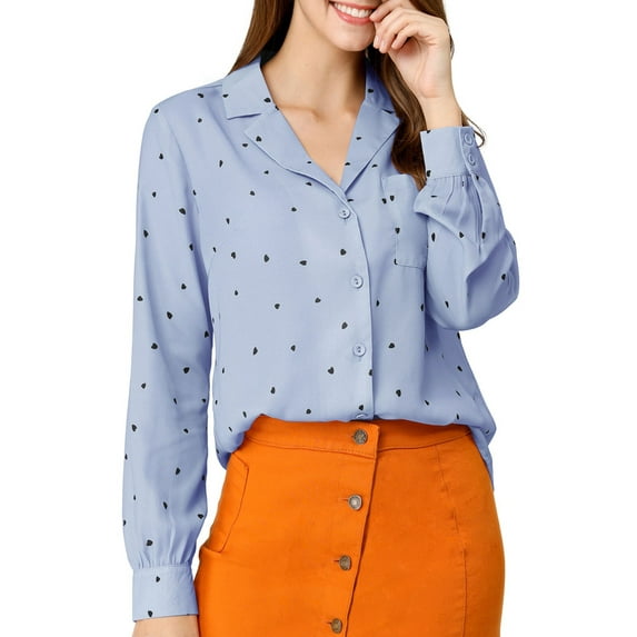MODA NOVA Junior's Heart Polka Dots Button Notched Lapel V Neck Shirt Blue S