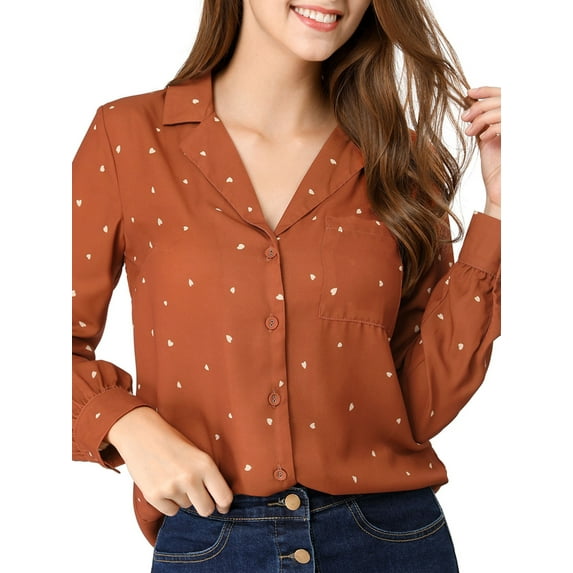 MODA NOVA Junior's Heart Polka Dots Button Notched Lapel V Neck Shirt Brown Red L