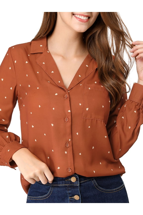 Junior's Heart Polka Dots Button Notched Lapel V Neck Shirt Brown Red M
