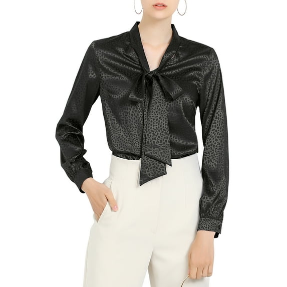 MODA NOVA Junior's Irregular Dotted Casual Long Sleeve Tie Neck Blouse Black XL