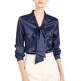thumbnail image 1 of MODA NOVA Junior's Irregular Dotted Casual Long Sleeve Tie Neck Blouse Dark Blue L, 1 of 6