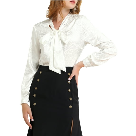 MODA NOVA Junior's Irregular Dotted Casual Long Sleeve Tie Neck Blouse White L