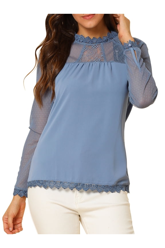 Junior's Lace Floral Panel Long Sleeves Blouse Dusty Blue S