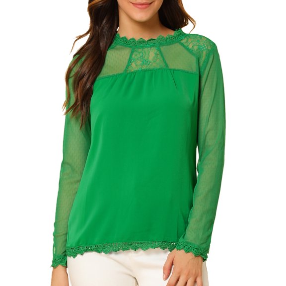 MODA NOVA Junior's Lace Floral Panel Long Sleeves Blouse Green M
