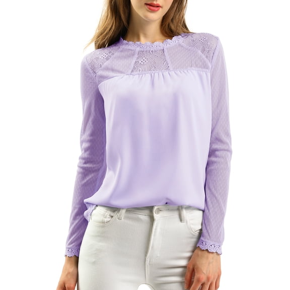 MODA NOVA Junior's Lace Floral Panel Long Sleeves Blouse Light Purple L