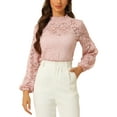 thumbnail image 1 of MODA NOVA Junior's Lace Long Sleeve Tops Ruffle Neck Elegant Floral Blouses Pink S, 1 of 6