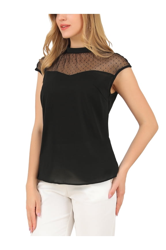 Junior's Lace Panel Round Neck Keyhole Sleeveless Blouse Black L
