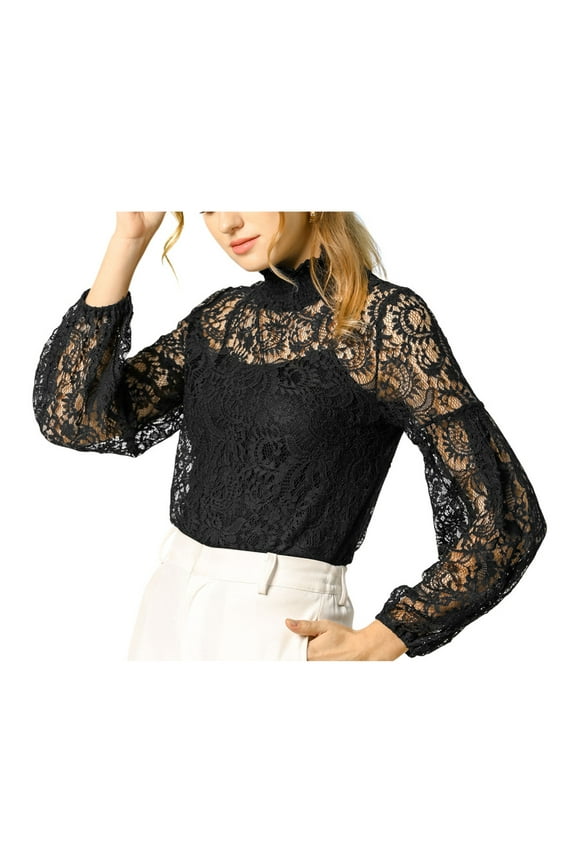 Junior's Lace Semi Sheer Long Sleeves Vintage Tops Blouse Black XXL