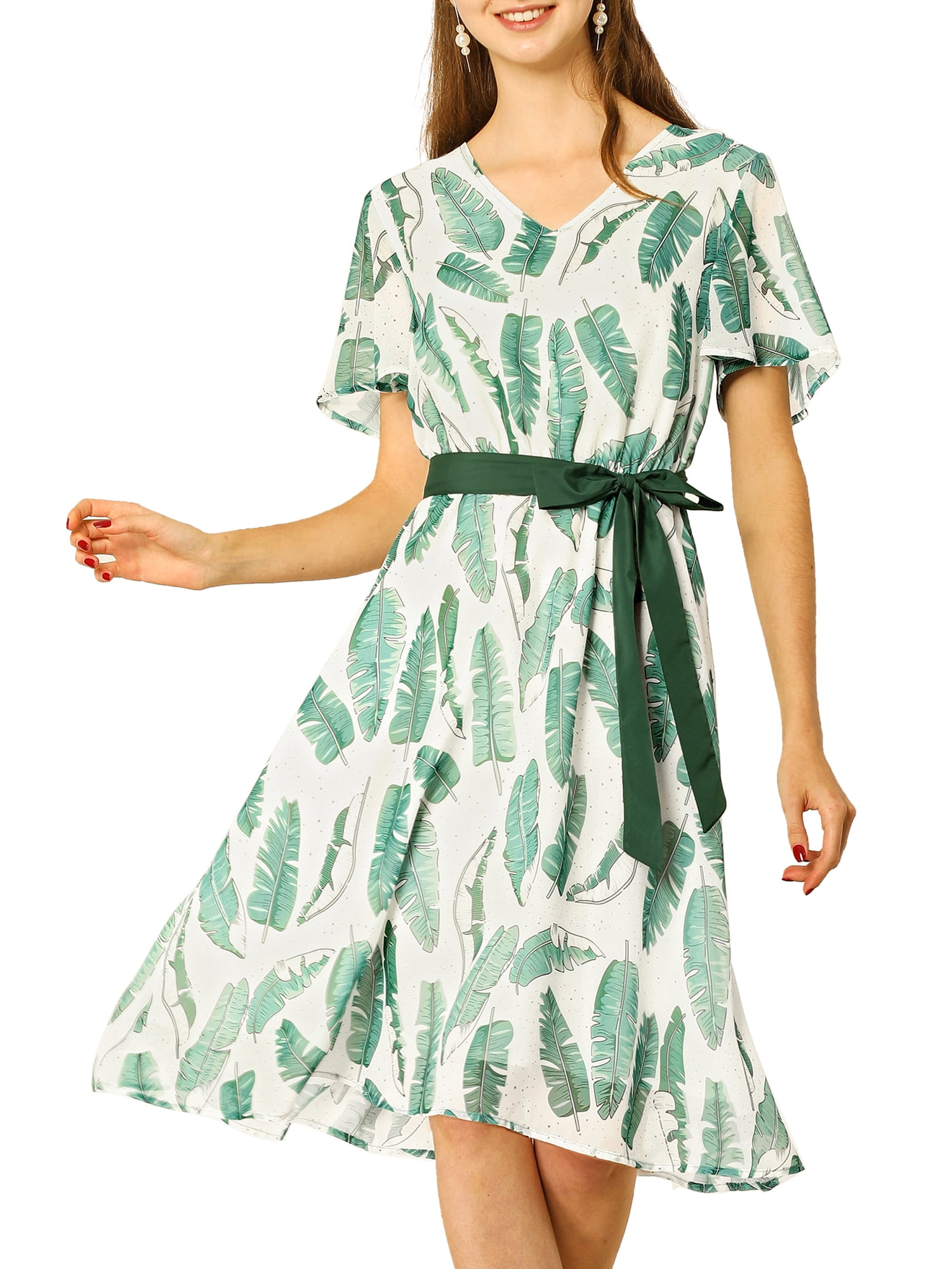 Inspire Chic Women's Flutter Sleeve V Neck Belted Chiffon Leaf Prints Midi Dress S Green White, Size: Small