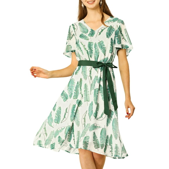 MODA NOVA Junior's Leaf Print Flutter Sleeve V Neck Belted Chiffon a Line Midi Dress