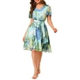 thumbnail image 1 of MODA NOVA Junior's Leaf Print Flutter Sleeve V Neck Belted Chiffon a Line Midi Dress, 1 of 6