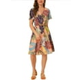 thumbnail image 1 of MODA NOVA Junior's Leaf Print Flutter Sleeve V Neck Belted Chiffon a Line Midi Dress, 1 of 6