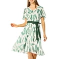 thumbnail image 1 of INSPIRE CHIC Women's Flutter Sleeve V Neck Belted Chiffon Leaf Prints Midi Dress S Green White, 1 of 7