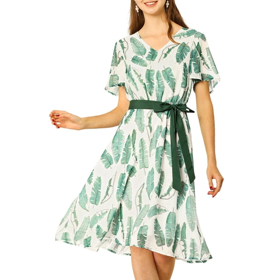 INSPIRE CHIC Women's Flutter Sleeve V Neck Belted Chiffon Leaf Prints Midi Dress S Green White