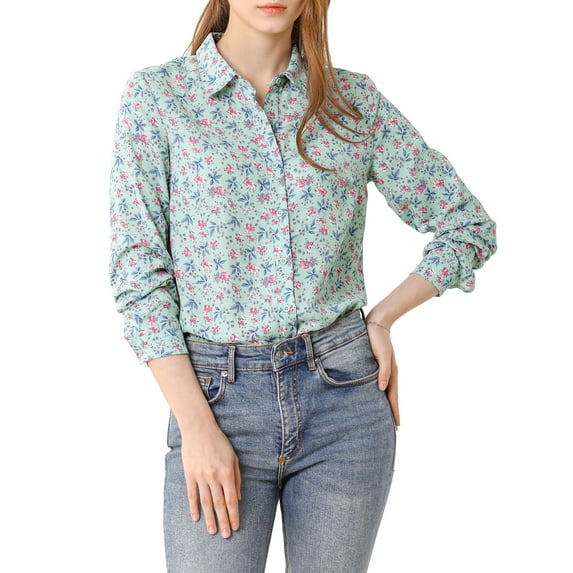 MODA NOVA Junior's Long Sleeve Button Down Ditsy Floral Shirt Blue M