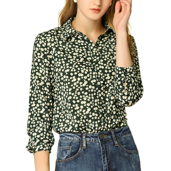 MODA NOVA Junior's Long Sleeve Button Down Ditsy Floral Shirt Dark Green M