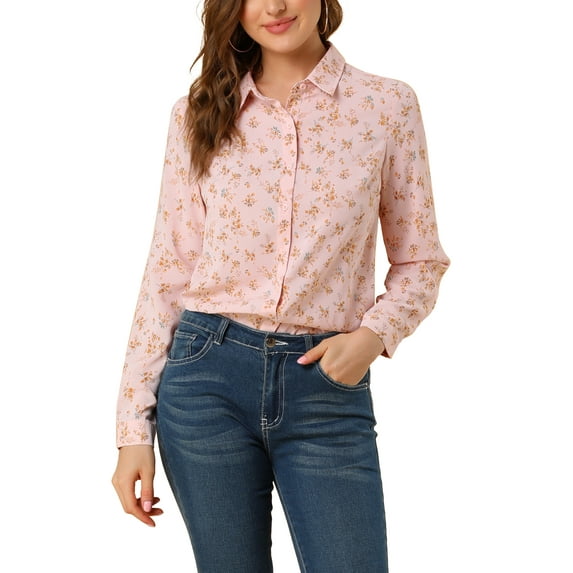MODA NOVA Junior's Long Sleeve Button Down Ditsy Floral Shirt Light Pink XL