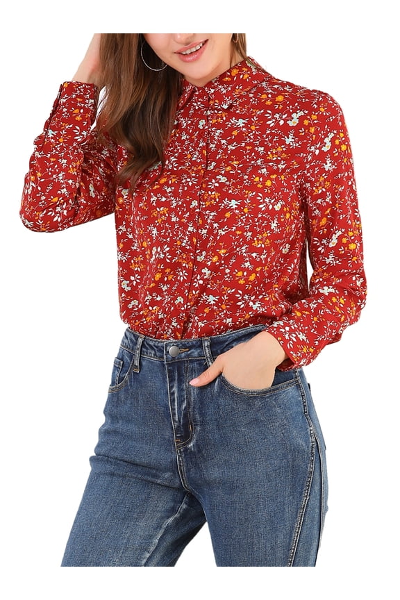 Junior's Long Sleeve Button Down Ditsy Floral Shirt Red L