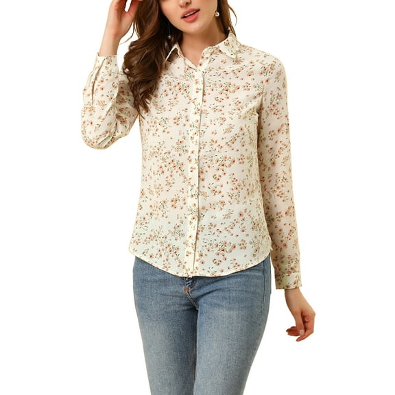 MODA NOVA Junior's Long Sleeve Button Down Ditsy Floral Shirt White S