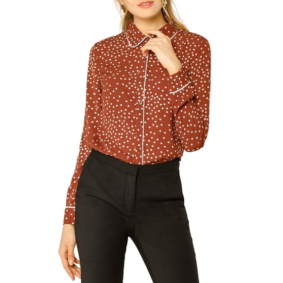 MODA NOVA Junior's Long Sleeve Button Down Polka Dots Shirt Caramel XL