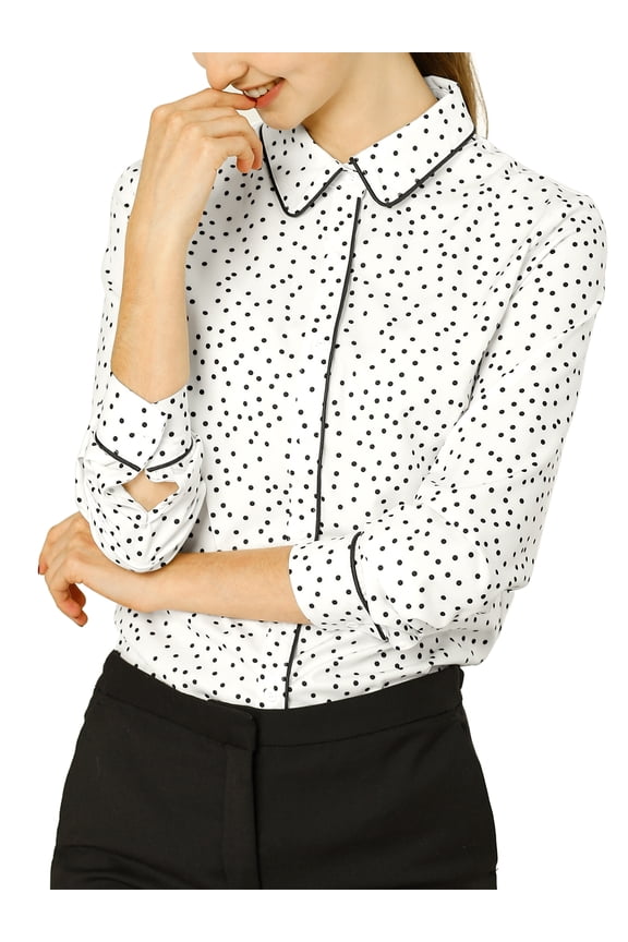 Junior's Long Sleeve Button Down Polka Dots Shirt White L