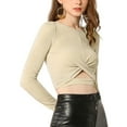 thumbnail image 1 of MODA NOVA Junior's Long Sleeve Crew Neck Cut Out Glitter Crop Tops Beige L, 1 of 6