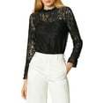 thumbnail image 1 of MODA NOVA Junior's Long Sleeve Lace See Through Floral Color Block Blouse Black S, 1 of 7