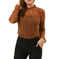 thumbnail image 1 of MODA NOVA Junior's Long Sleeve Lace See Through Floral Color Block Blouse Brown M, 1 of 6
