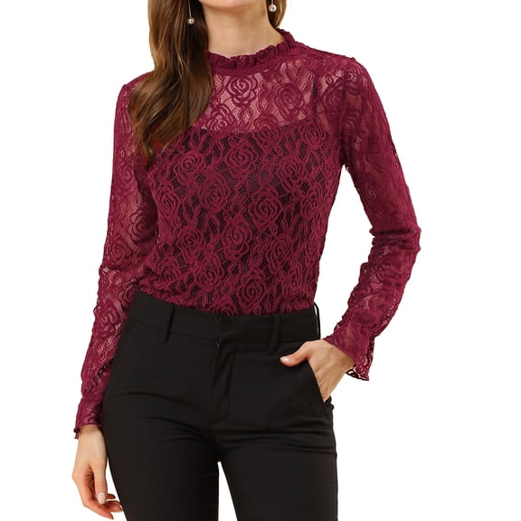 MODA NOVA Junior's Long Sleeve Lace See Through Floral Color Block Blouse Wine S