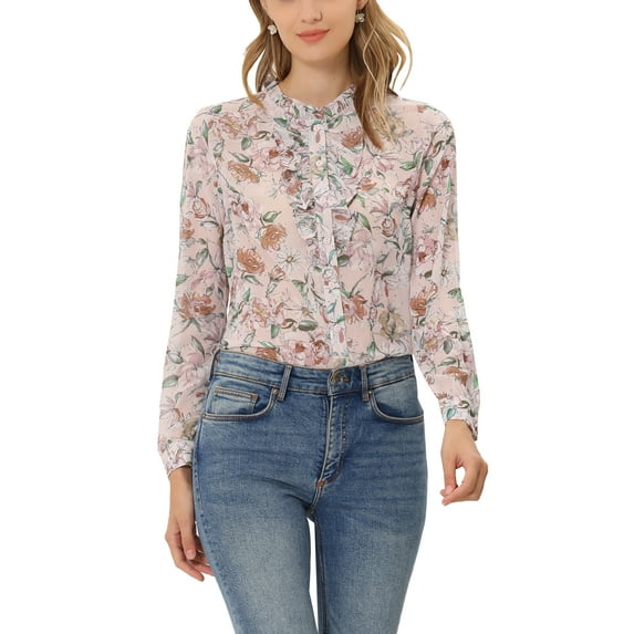 MODA NOVA Junior's Long Sleeve Ruffle Button Down Floral Shirt Pink XL