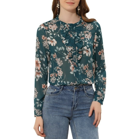 MODA NOVA Junior's Long Sleeve Ruffle  Button Down Floral Shirt