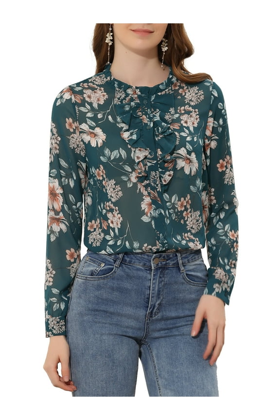 Junior's Long Sleeve Ruffle  Button Down Floral Shirt