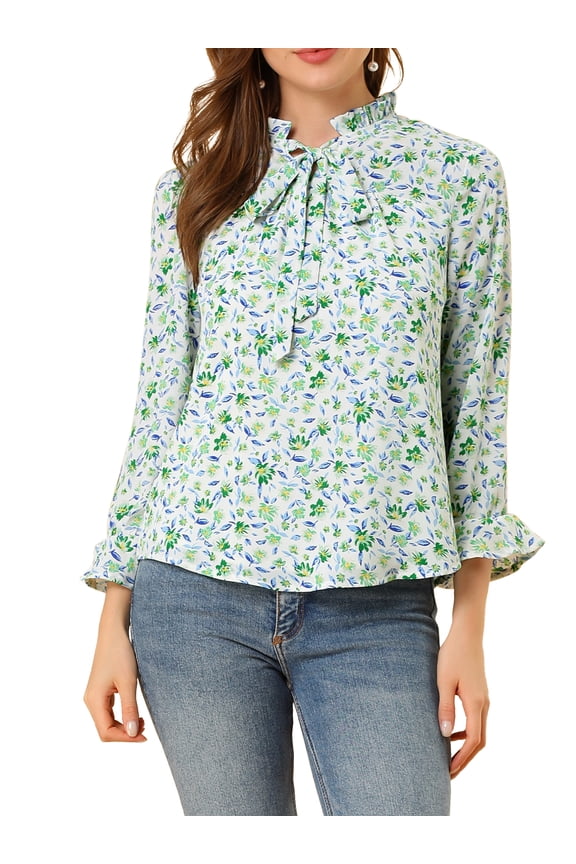 Junior's Long Sleeve Tie Neck Ruffle Floral Print Top White Green S