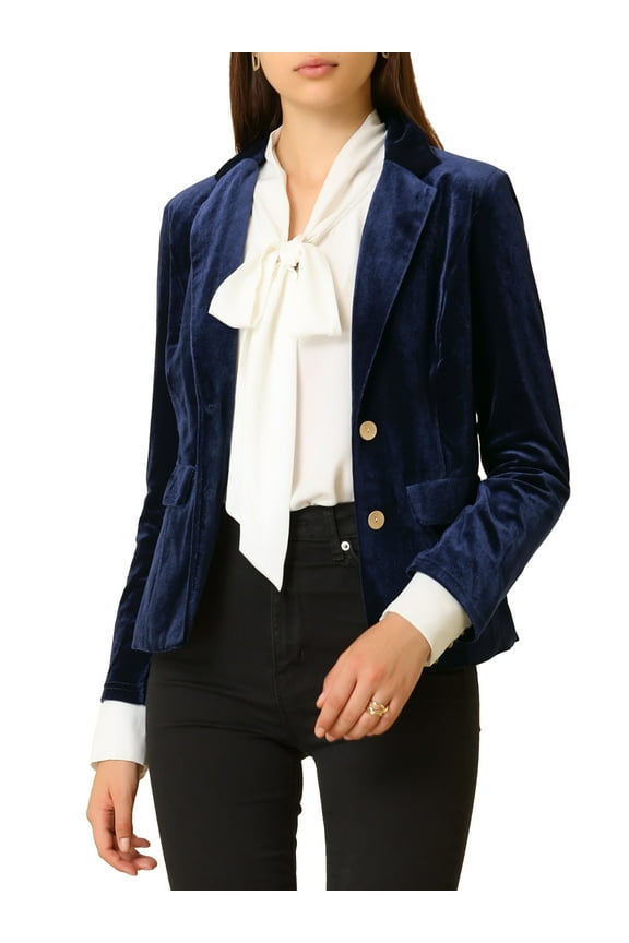 Junior's Notched Lapel Button Front Office Velvet Blazer Jacket Dark Blue 2XL
