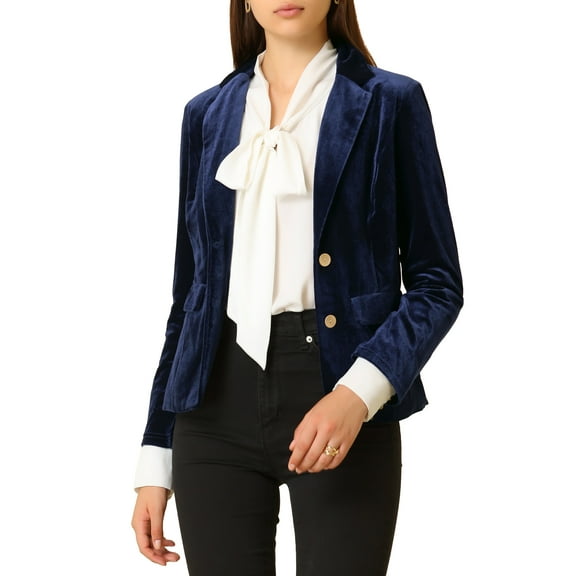 MODA NOVA Junior's Notched Lapel Button Front Office Velvet Blazer Jacket Dark Blue M