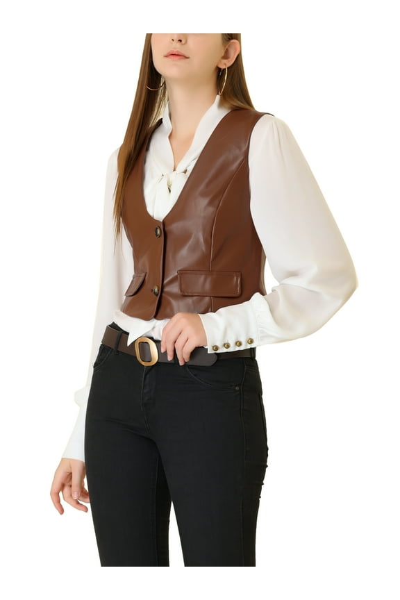 Junior's PU Faux Leather Vest Button Front Versatile Racerback Suit Waistcoat Brown S
