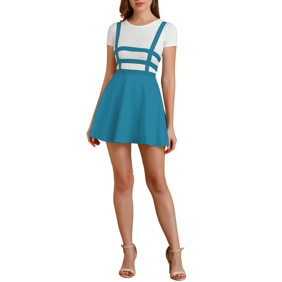 MODA NOVA Junior's Party Costume Elastic Waist Cut Out A Line Mini Suspender Skirt Lake Blue L