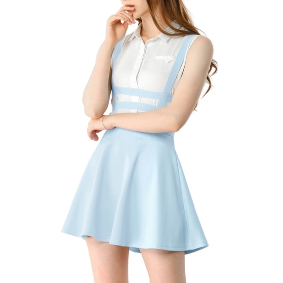 MODA NOVA Junior's Party Costume Elastic Waist Cut Out A Line Mini Suspender Skirt Sky Blue 2XL