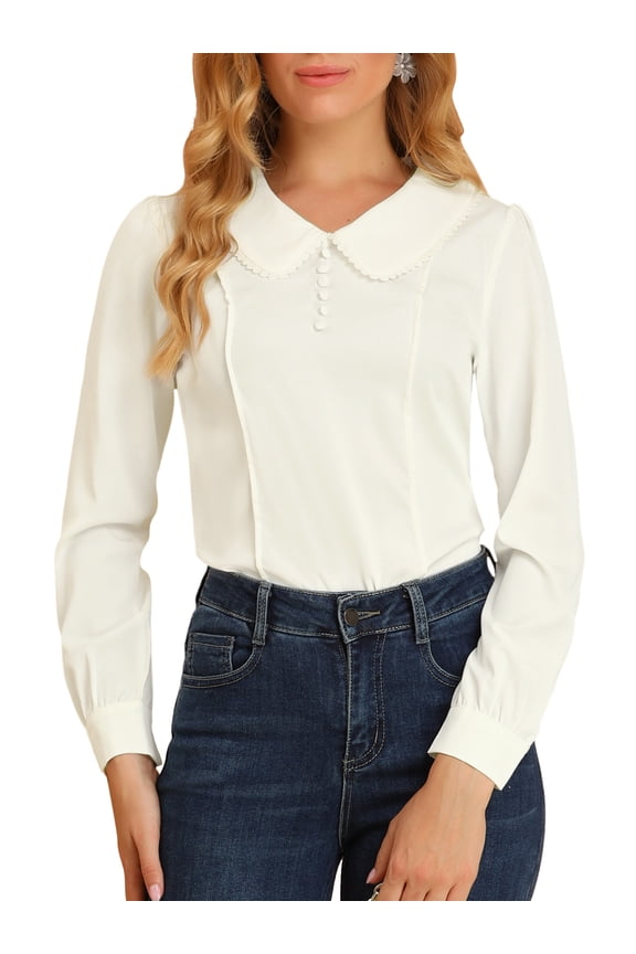 Junior's Peter Pan Collar Crochet Button Decor Chiffon Blouse White M