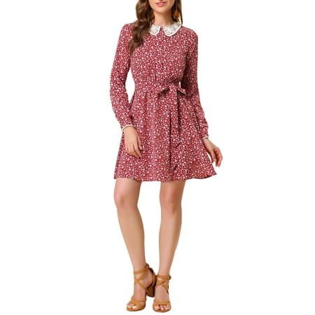 MODA NOVA Junior's Peter Pan Collar Long Sleeve Floral Dress with Belt