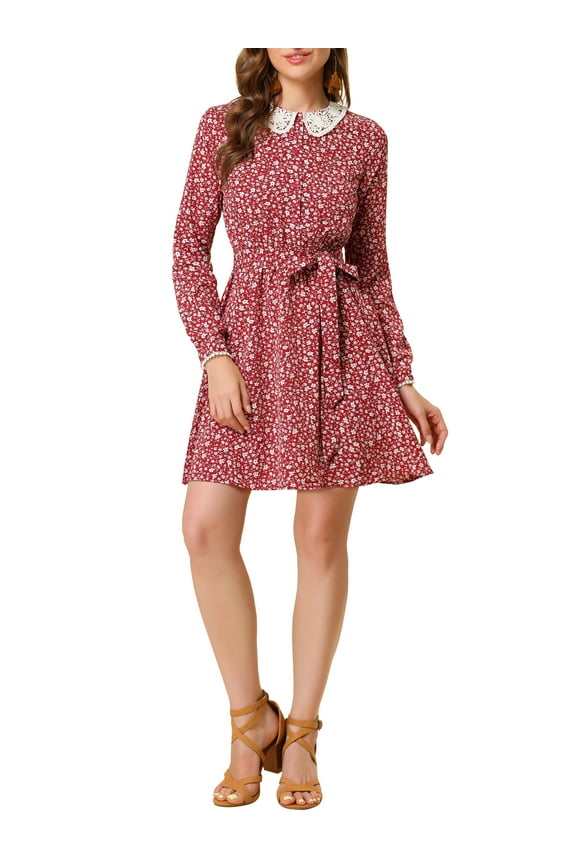 Junior's Peter Pan Collar Long Sleeve Floral Dress with Belt