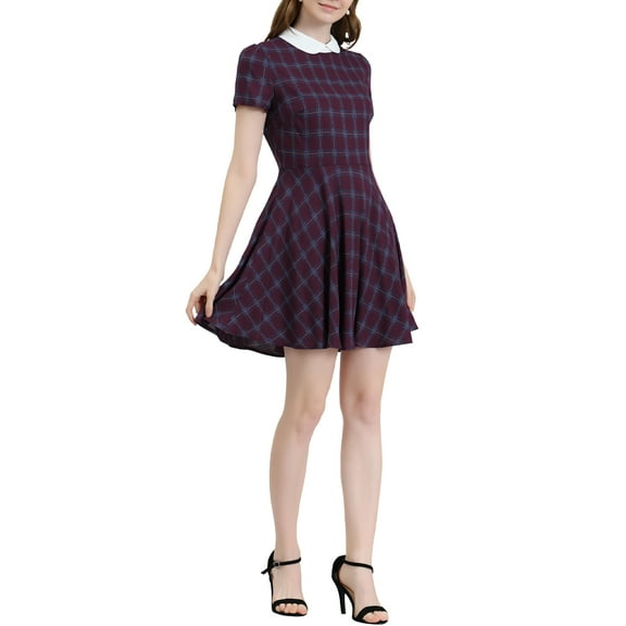 MODA NOVA Junior's Peter Pan Collar Puff Sleeves Above Knee Plaid Grid Dress