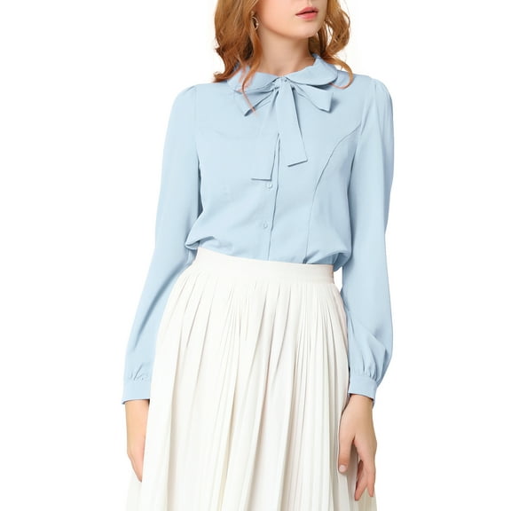 MODA NOVA Junior's Peter Pan Collar Self Tie Neck Puff  Sleeve Shirt Light Blue M