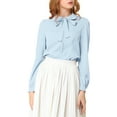 thumbnail image 1 of MODA NOVA Junior's Peter Pan Collar Self Tie Neck Puff  Sleeve Shirt Light Blue XL, 1 of 5