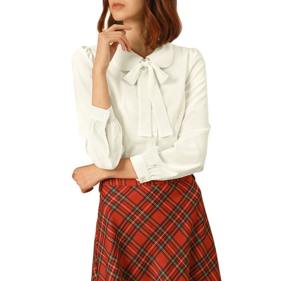 MODA NOVA Junior's Peter Pan Collar Self Tie Neck Puff Sleeve Shirt White S